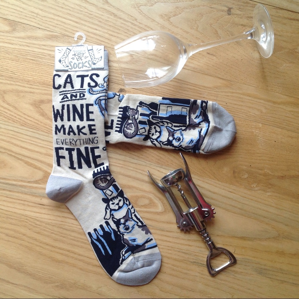 Cat Wine Socks Novelty Unisex Beige Kitty Crew